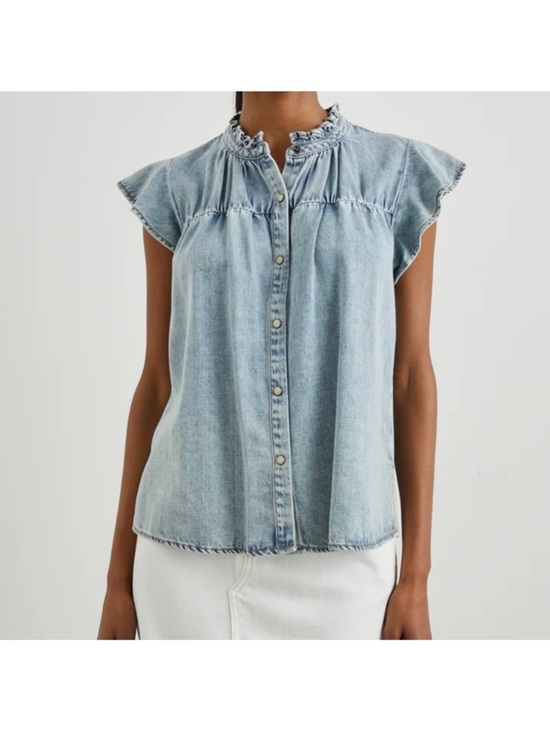 Rails Tops - Rails Light Wash Denim Ruffle-Neck Cap Sleeve Blouse